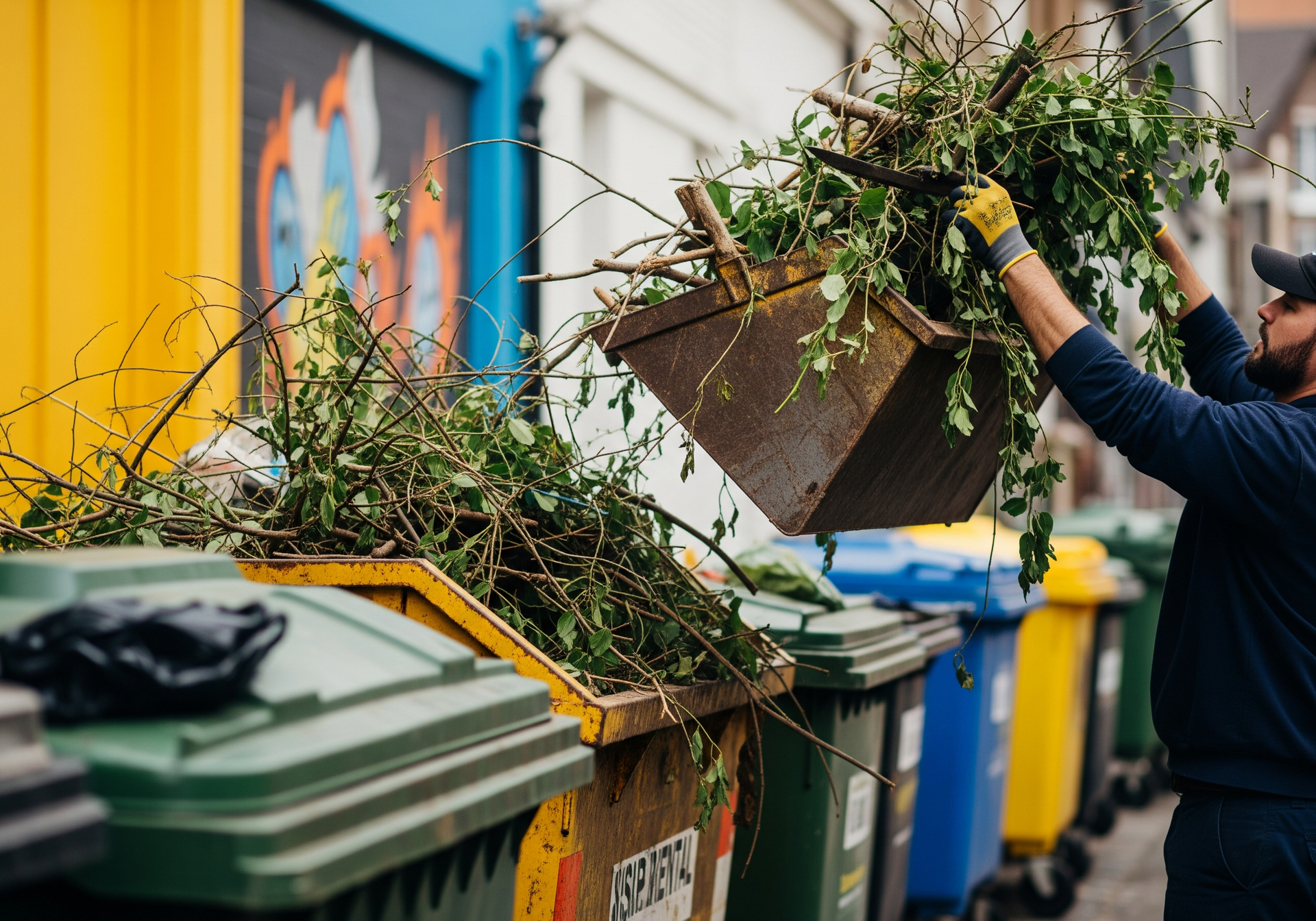 Une personne retire des boutures de plantes envahissantes d'un bac situé à côté de poubelles colorées à l'extérieur.