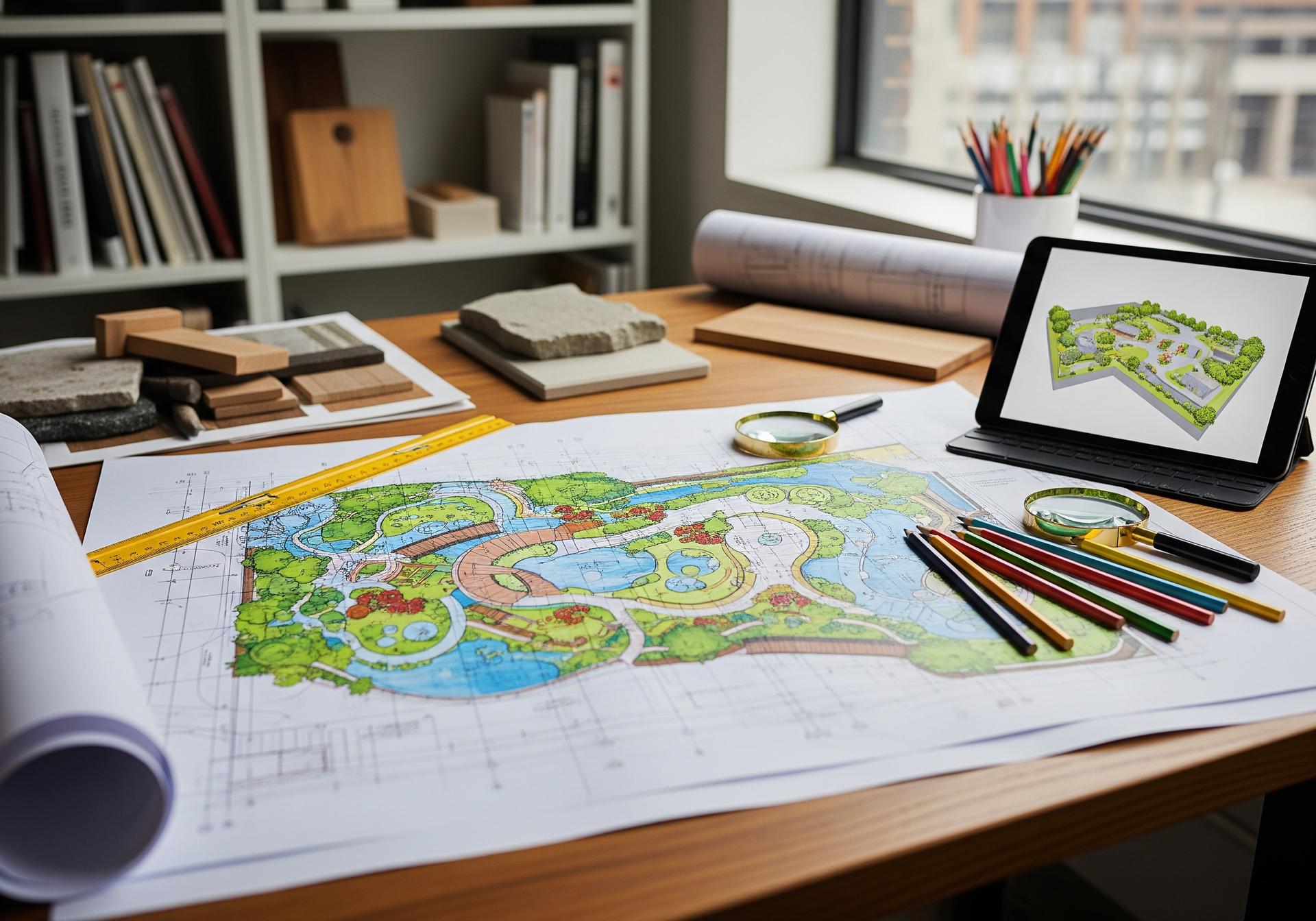 Table à dessin avec carte colorée, crayons, règle, livres et tablette dans un bureau lumineux.