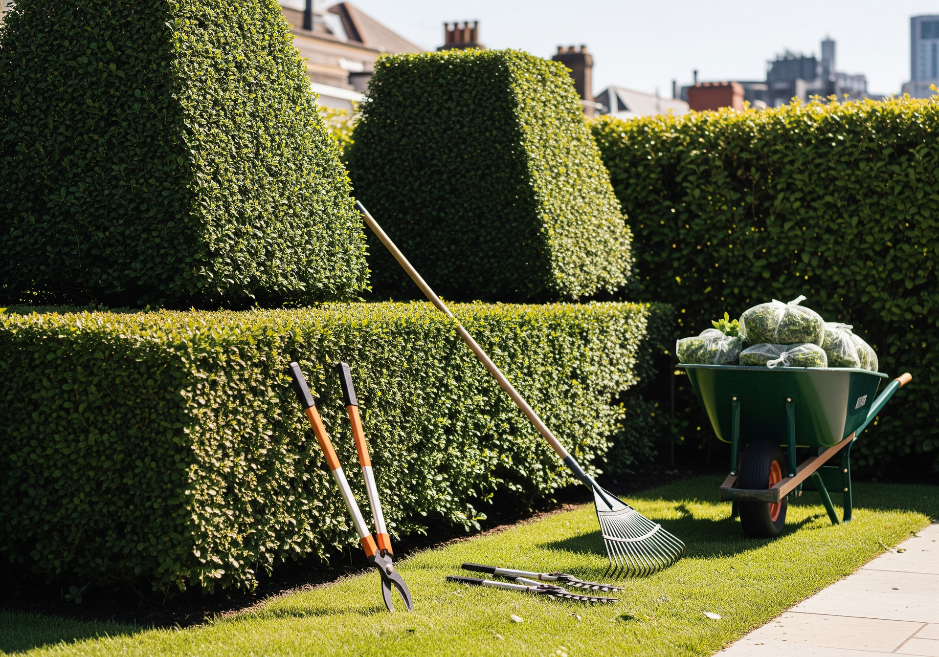 Des outils de jardin appuyés contre des haies taillées, à côté d'une brouette verte, dans une cour ensoleillée.