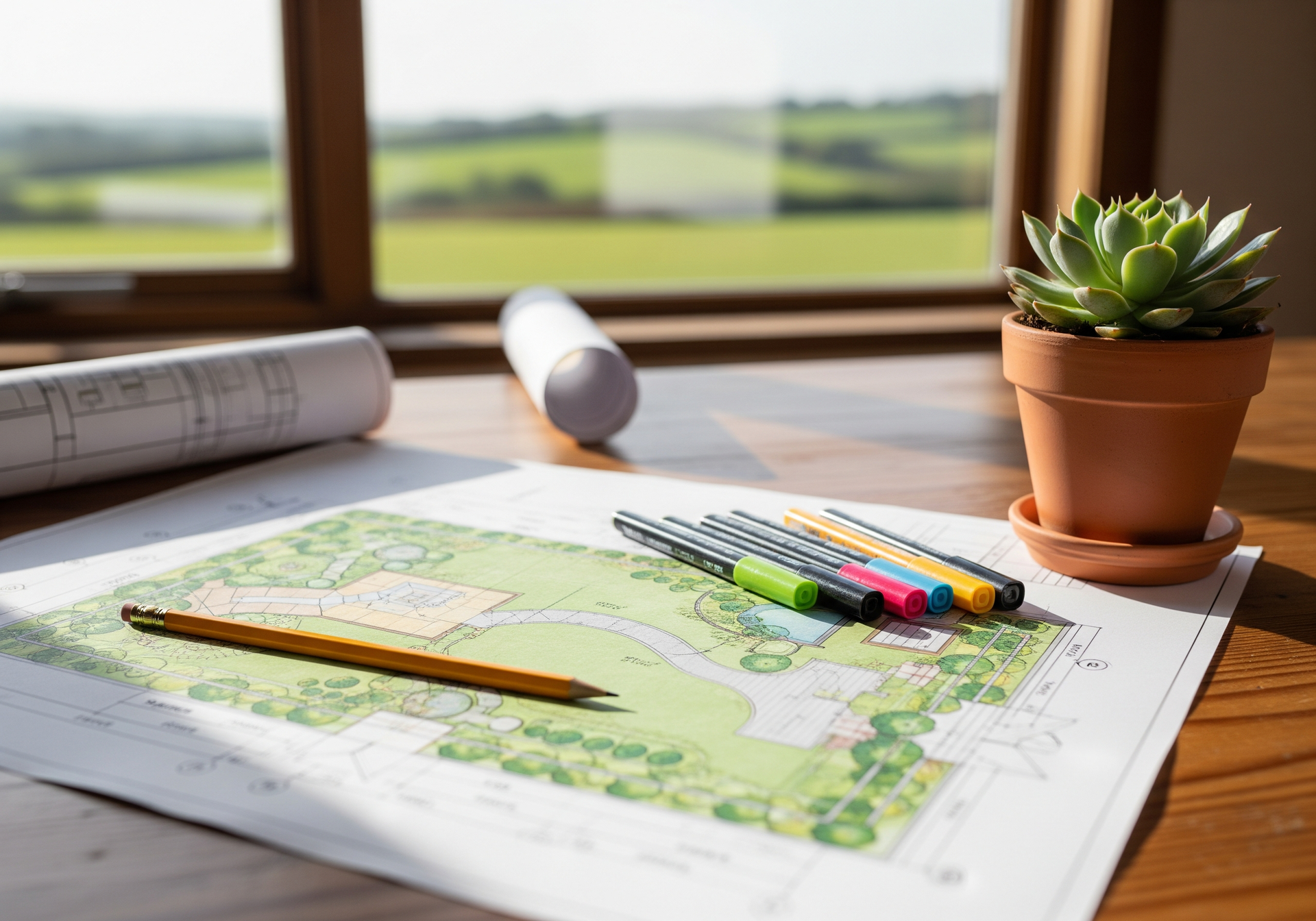 Croquis d'aménagement paysager réalisé au crayon, au feutre et avec une plante grasse en pot sur un bureau en bois près d'une fenêtre