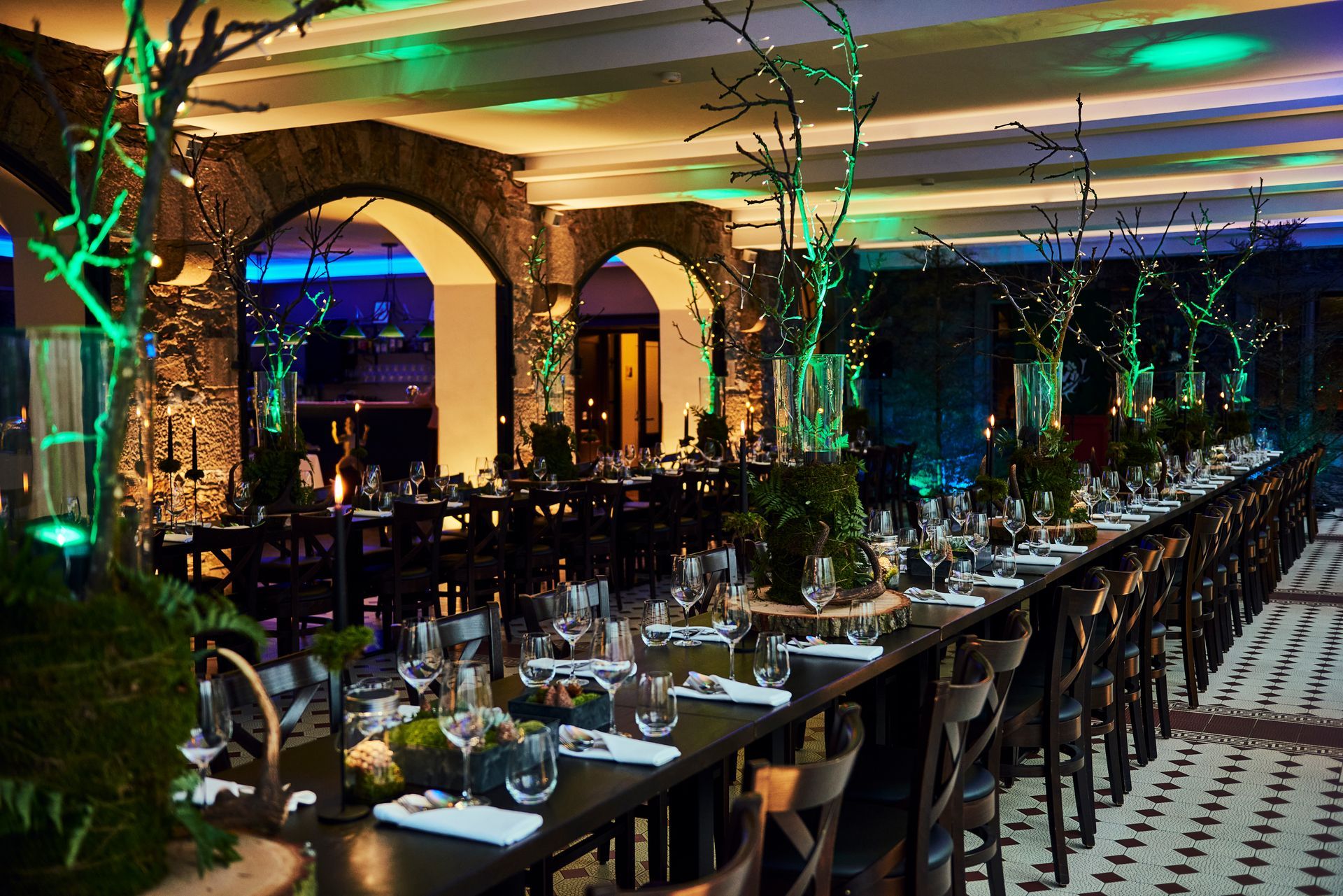A long banquet table, set for a formal event, in a room surrounded by stone walls, with soft green ambient lighting and table decorations made of tree branches.