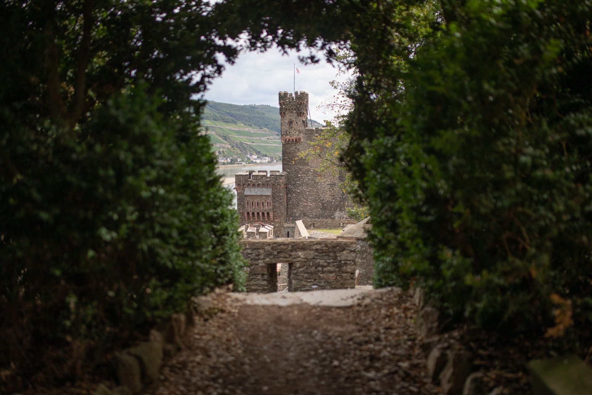 Ein steinerner Burgturm, sichtbar von einem unbefestigten Pfad durch eine Lichtung in dichtem, dunkelgrünem Laub.