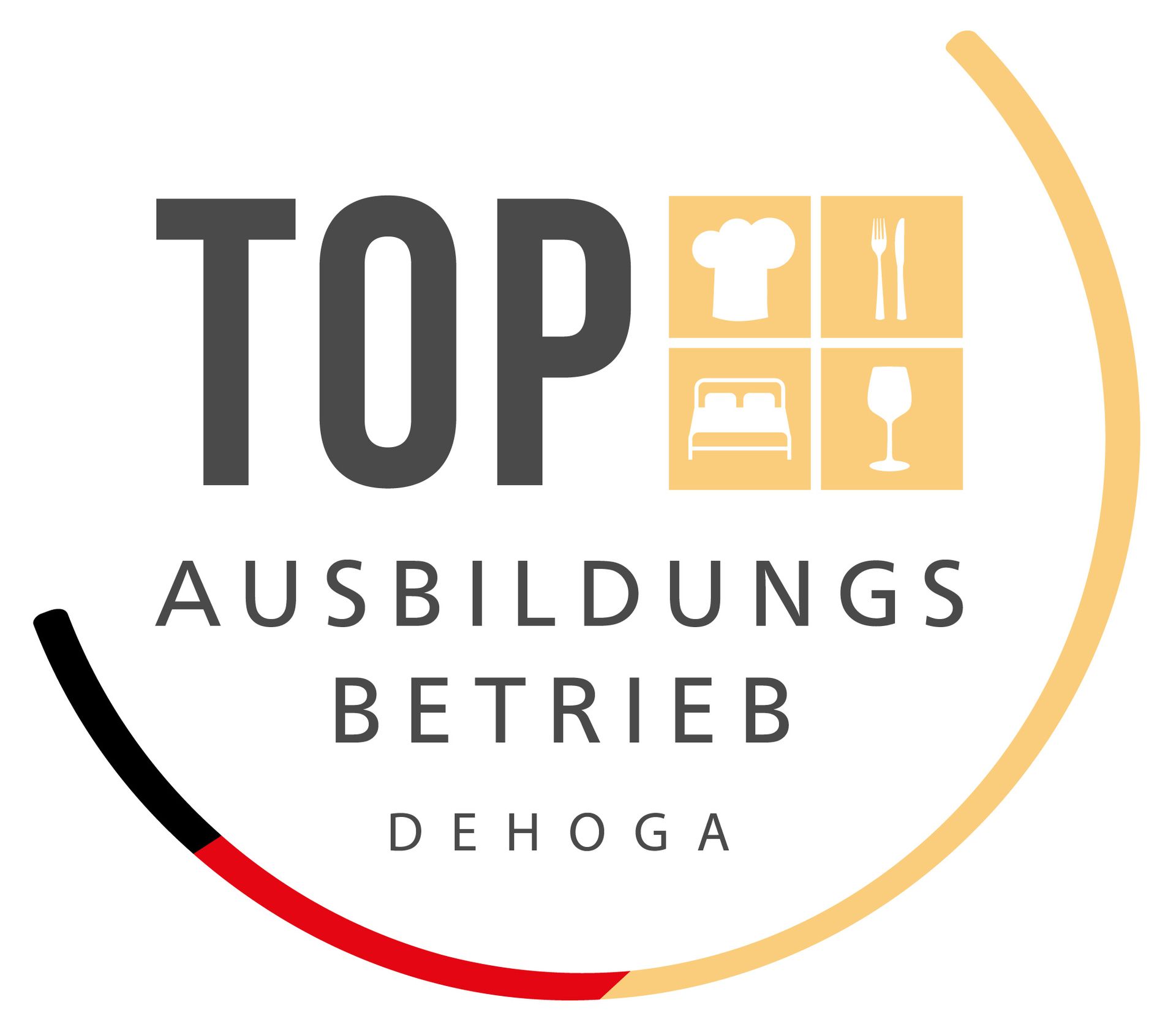 Das Logo „TOP AUSBILDUNGSBETRIEB DEHOGA“ zeigt Symbole für Kochen, Essen, Schlafen und Trinken in einem kreisförmigen Rahmen.