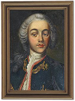 An oil painting of a person in an 18th-century blue uniform with gold embroidery and a white tie, wearing a white wig.
