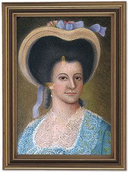 Portrait of a person wearing a straw bonnet with blue ribbons and a blue patterned dress trimmed with lace and gold.
