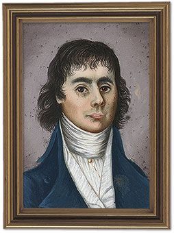 A framed portrait of a person with dark hair, wearing a white tie with a high collar and a dark blue coat.