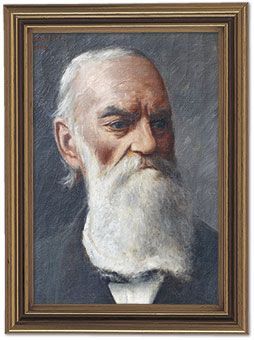 An oil painting of a man with a long white beard and a serious expression, displayed in a wooden frame against a gray background.