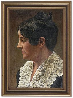 An oil painting of a woman in profile wearing a black gown with a decorative white lace collar, set against a brown background.