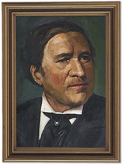 An oil portrait of a person wearing a dark suit with a white collar and black tie, set against a green background.