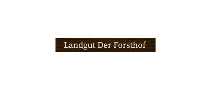 Der Text „Landgut Der Forsthof“ in einer hellen Serifenschrift auf dunklem, strukturiertem braunem rechteckigem Hintergrund.