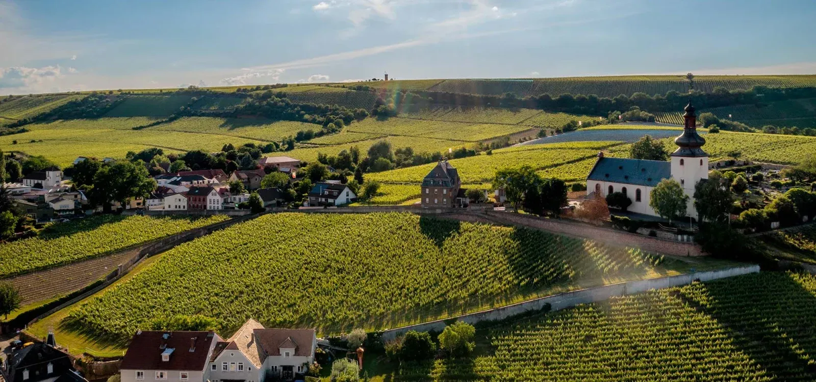 Weite Weinbergslandschaft mit Dorfhäusern, einer Kirche und sanften grünen Hügeln unter strahlend blauem Himmel