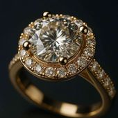 Anillo de compromiso de oro con halo de diamantes sobre fondo oscuro