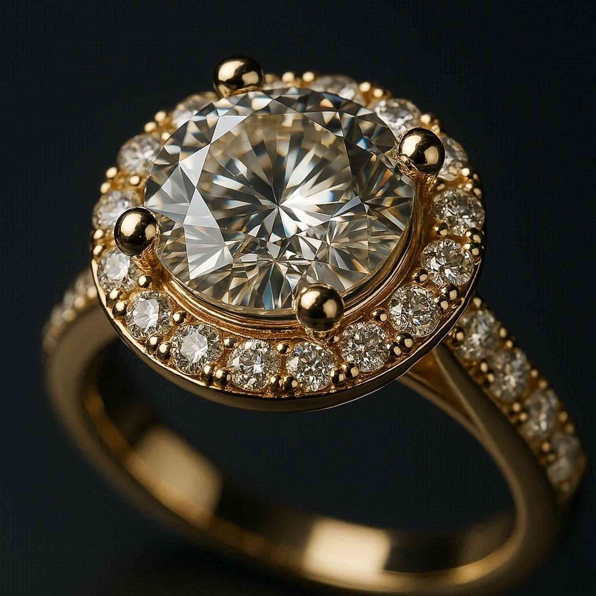 Anillo de compromiso de oro con halo de diamantes sobre fondo oscuro