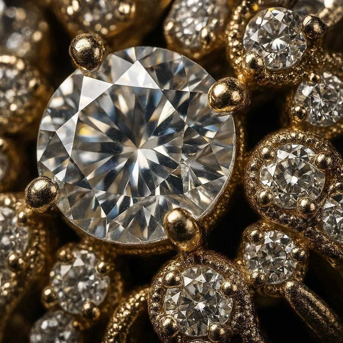 Primer plano de una joya de diamantes con una gran piedra central engastada en oro.