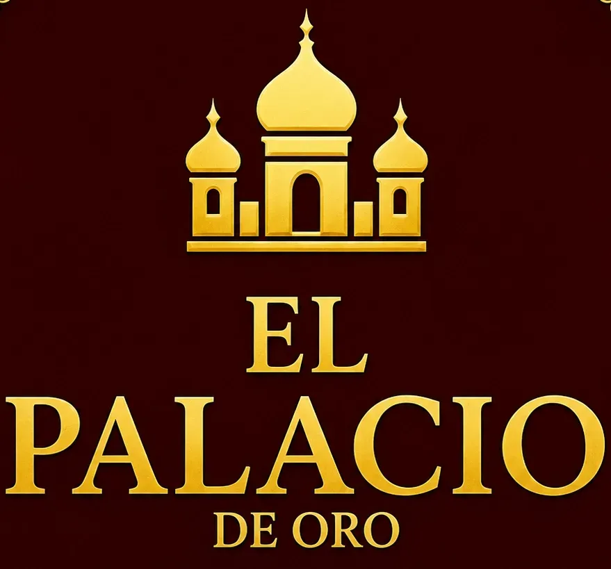 Logotipo del palacio dorado con “EL PALACIO DE ORO” sobre un fondo granate oscuro