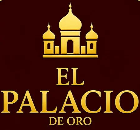 Logotipo del palacio dorado con “EL PALACIO DE ORO” sobre un fondo granate oscuro