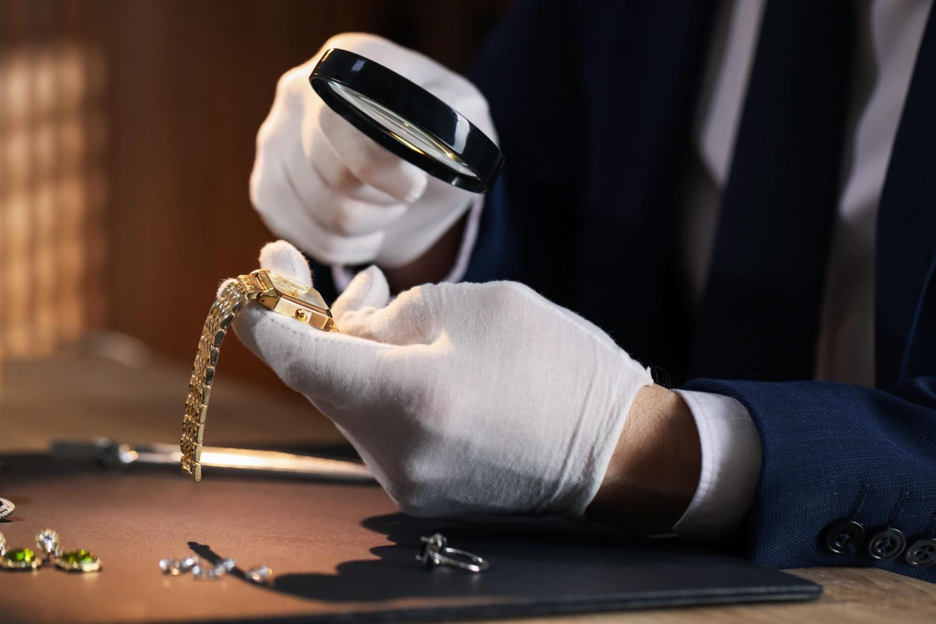 Manos enguantadas inspeccionando una pulsera de oro con una lupa en el banco de trabajo de un joyero.
