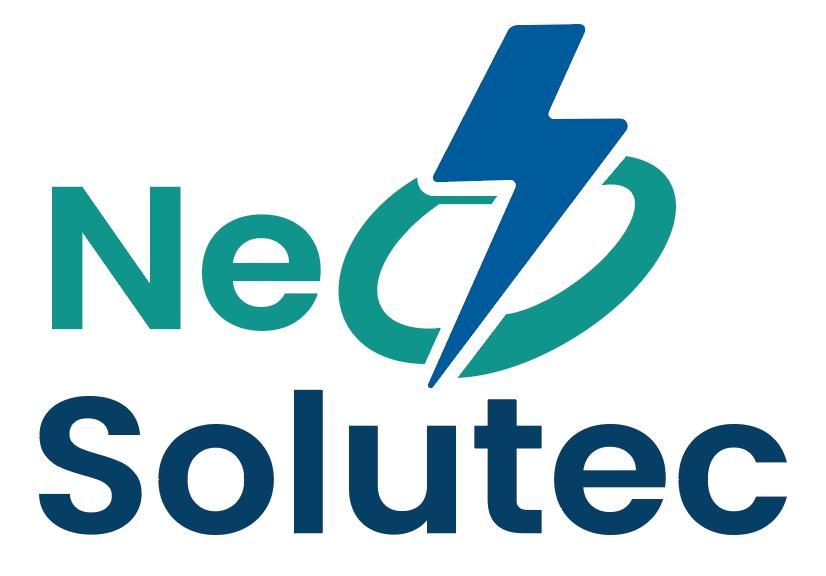 Logotipo de Neo Solutec: texto y gráfico en color verde azulado y azul de un rayo a través de un anillo.