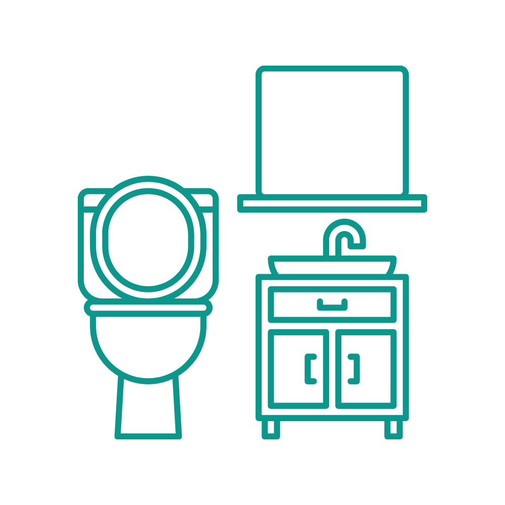 Inodoro, tocador con lavabo y espejo en un baño; contornos verde azulado.