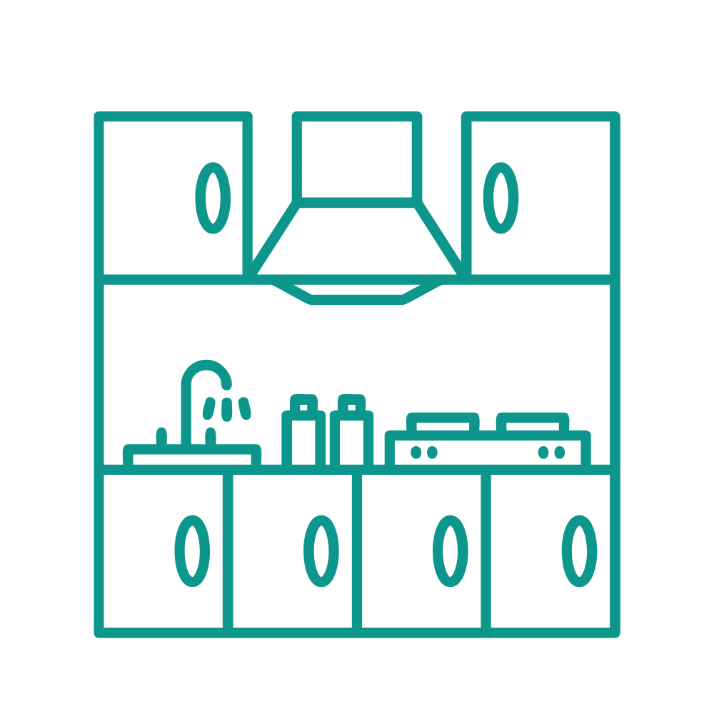 Esquema de una cocina con gabinetes, fregadero, estufa y campana extractora.