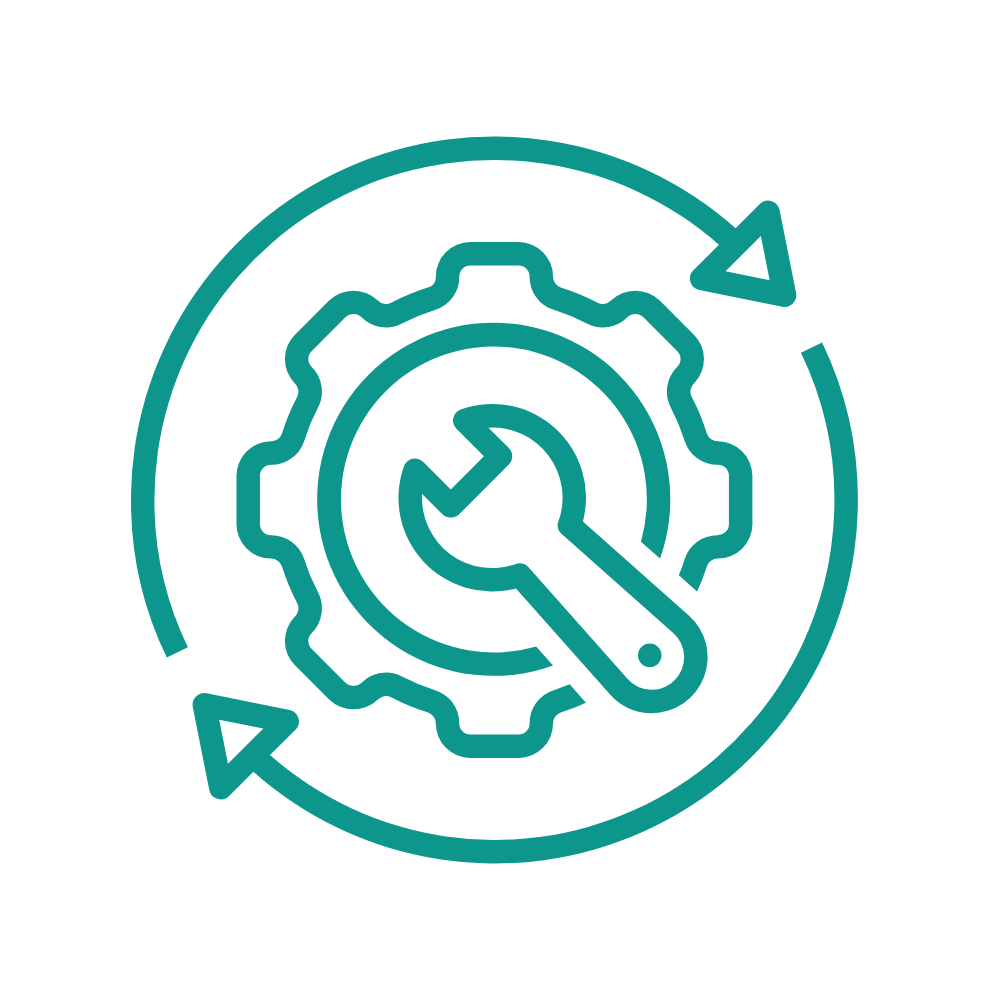 Engranaje verde azulado con llave inglesa en su interior, rodeado de flechas, que representan mantenimiento o proceso.