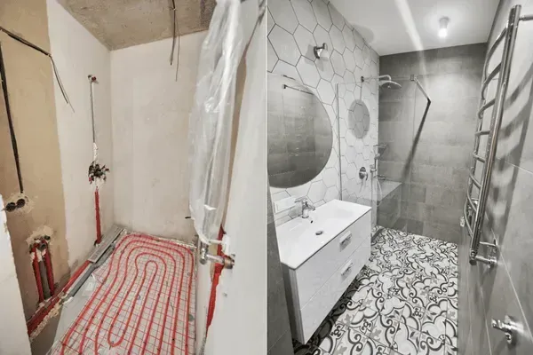 Antes y después de la remodelación del baño. Izquierda: construcción en curso con suelo radiante rojo. Derecha: acabado con azulejos grises.