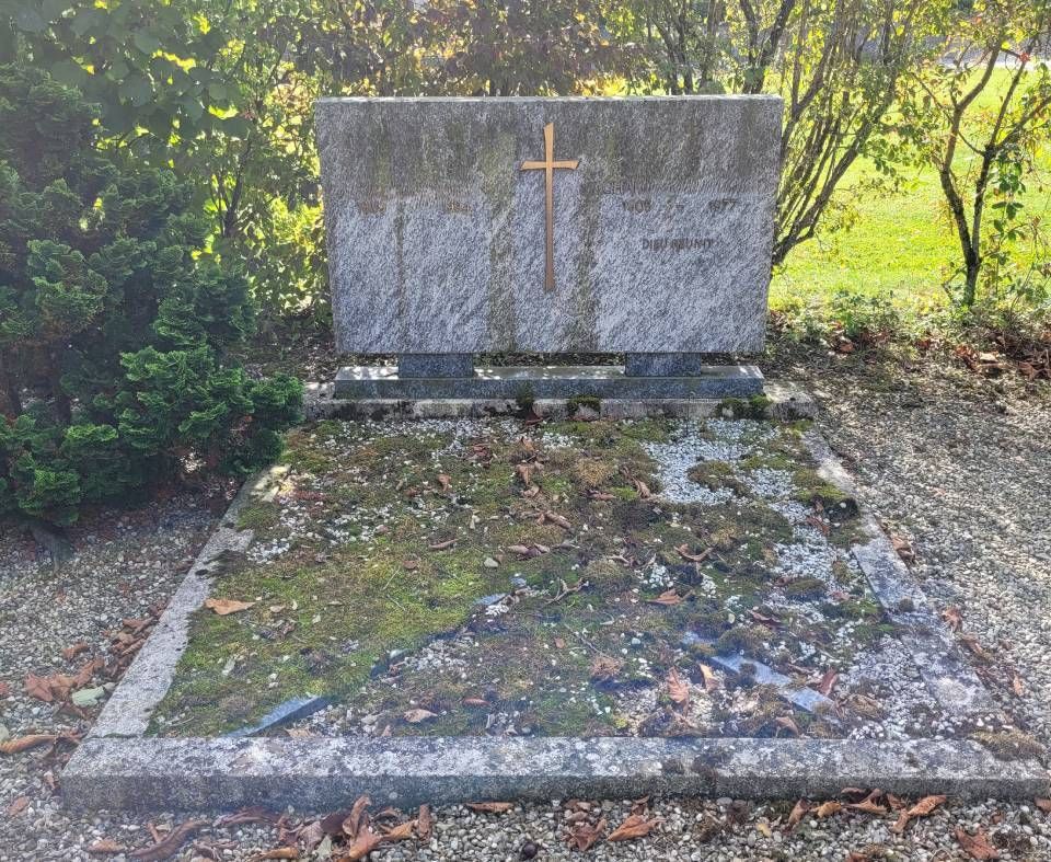 Tombe en pierre patinée par le temps, ornée d'une petite croix, envahie par la mousse et entourée de verdure.