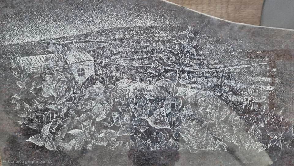 Fresque en noir et blanc représentant une végétation dense sur un mur incurvé