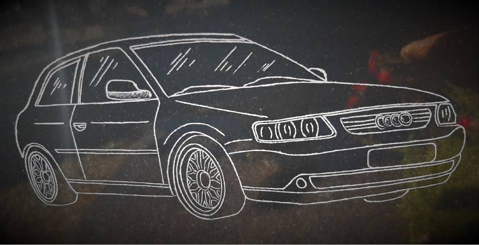 Dessin à la craie d'une berline noire vue de profil sur fond sombre