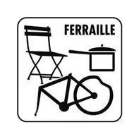 Une icône en noir et blanc d'une chaise, d'un vélo, d'une casserole et d'une poêle.