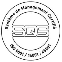 Logo circulaire noir et blanc de certification SQS avec « Système de Management Certifié » et ISO 9001/14001/45001