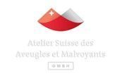 Logo pour Atelier Suisse des Aveugles et Malvoyants, avec une icône abstraite rouge et grise et du texte