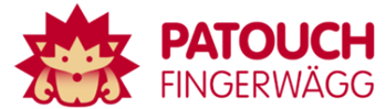 Logo rouge Patouch Fingerwägg avec icône de hérisson stylisée et texte sur fond blanc