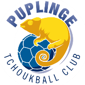 Logo du club de Puplinge Tchoukyball avec un caméléon jaune sur une balle bleue et un texte bleu incurvé