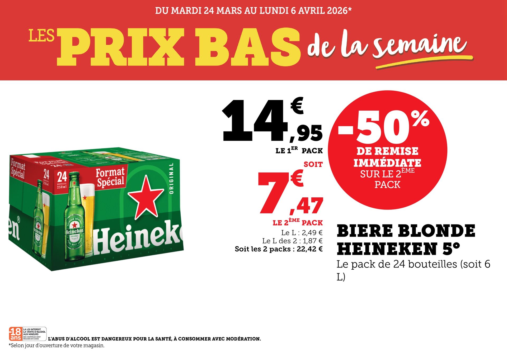Du mardi 24 mars au lundi 6 avril 2026 : prix bas de la semaine. Remise immédiate de 50 % sur le deuxième pack de bière blonde Heineken 5°. Pack de 24 bouteilles (6 litres). Premier pack à 14,95 € ; deuxième pack à 7,47 €. Le litre à 2,49 €, soit 1,87 € le litre pour les deux packs. Total pour deux packs : 22,42 €. L’abus d’alcool est dangereux pour la santé, à consommer avec modération. Vente interdite aux mineurs ; contrôles possibles en caisse. 