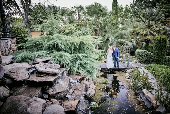 Pareja besándose en un puente de madera sobre un estanque, rodeado de exuberante vegetación en un jardín como lugar de celebración de bodas.