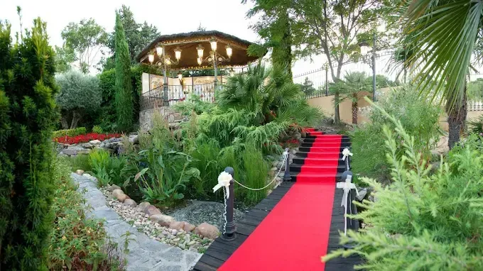 La alfombra roja conduce a un mirador en un exuberante jardín, rodeado de árboles y vegetación.