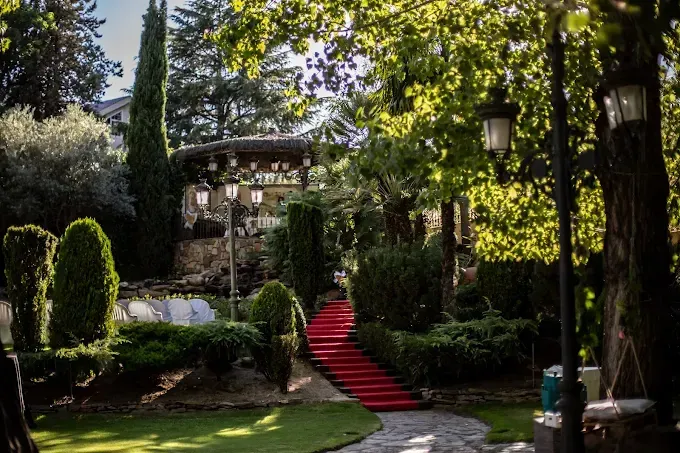 Camino de alfombra roja que conduce a un mirador al aire libre, enmarcado por exuberante vegetación y árboles en un entorno de jardín soleado.