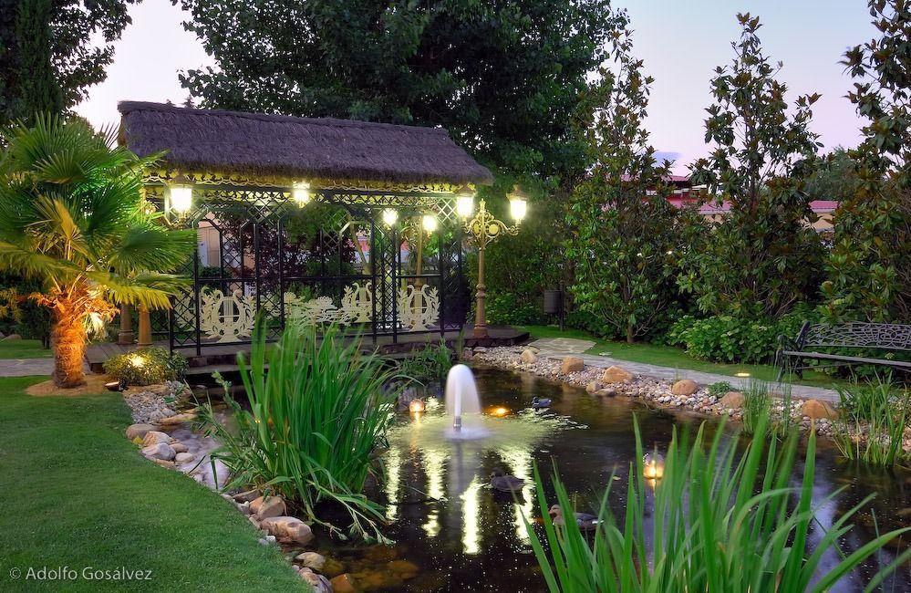 Cenador iluminado sobre un estanque con fuente, exuberante vegetación y palmera.
