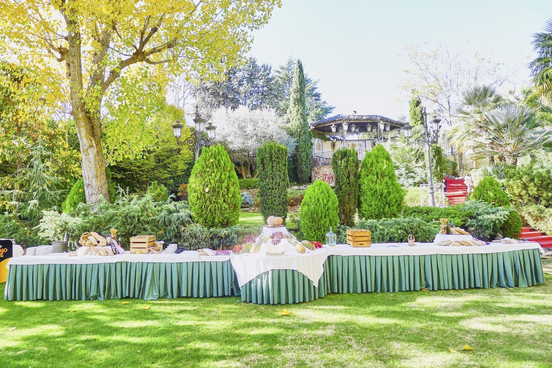 Mesa de buffet al aire libre instalada sobre césped con mantel verde y decoraciones.