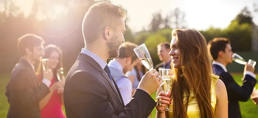 Gente chocando copas de champán en una reunión al aire libre, con un fondo iluminado por el sol.