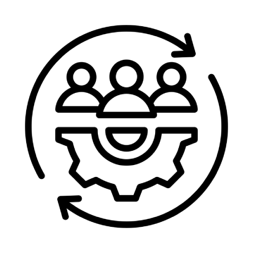 Icon Zahnrad und drei Personen, Mord & Totschlag Unternehmensberatung Conrad und Miegel GbR