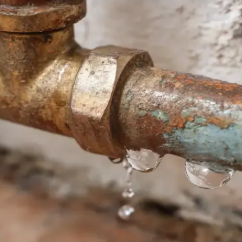 Tubería oxidada y con fugas, con gotas de agua cayendo.