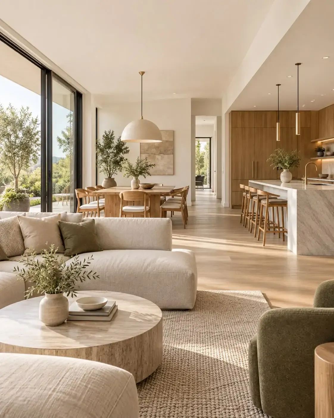 Modern renovierter Wohn-, Ess- und Küchenbereich mit warmen Naturmaterialien, Holz und Stein