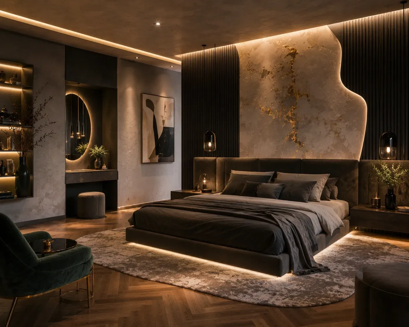 Schlafzimmer mit Fischgrätenparket, gepolsterter Stoffbespannung, Kalkspachteltechnik und individuellem Lichtkonzept