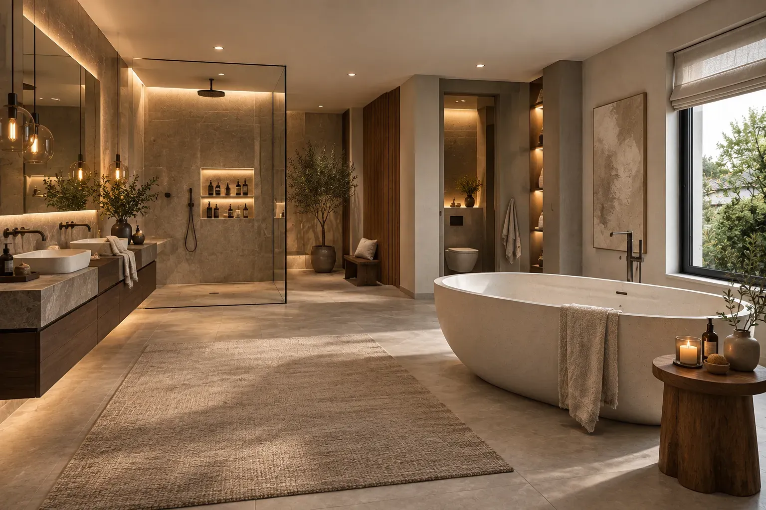 Großzügige Badplanung mit freistehender Badewanne am Fenster, großer Walk-in-Dusche und individuellem Lichtkonzept