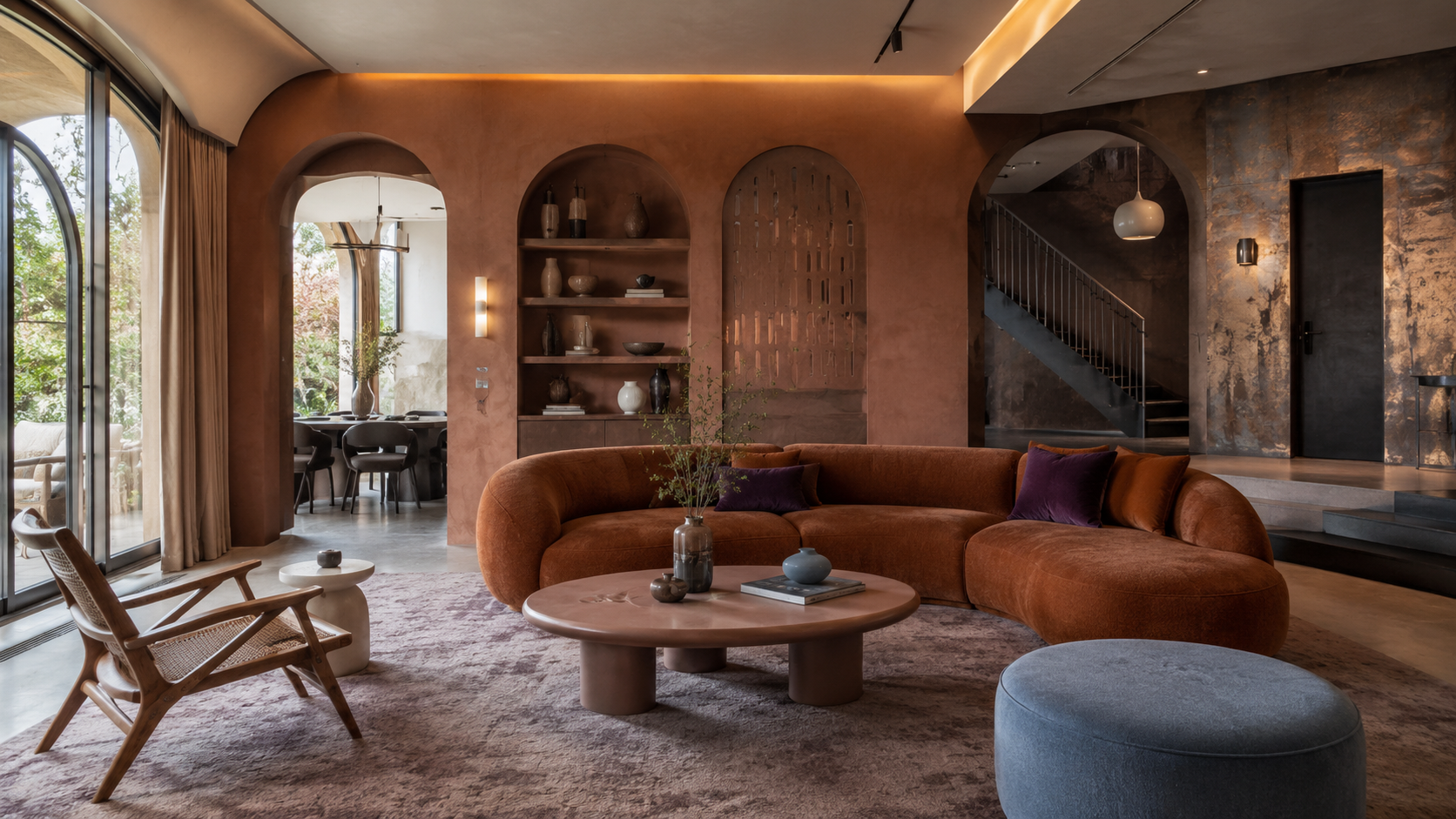 Wohnzimmer mit organischen Formen, Kalkspachteltechnik und Echtmetallbeschichtung in Kupfer und Bronze