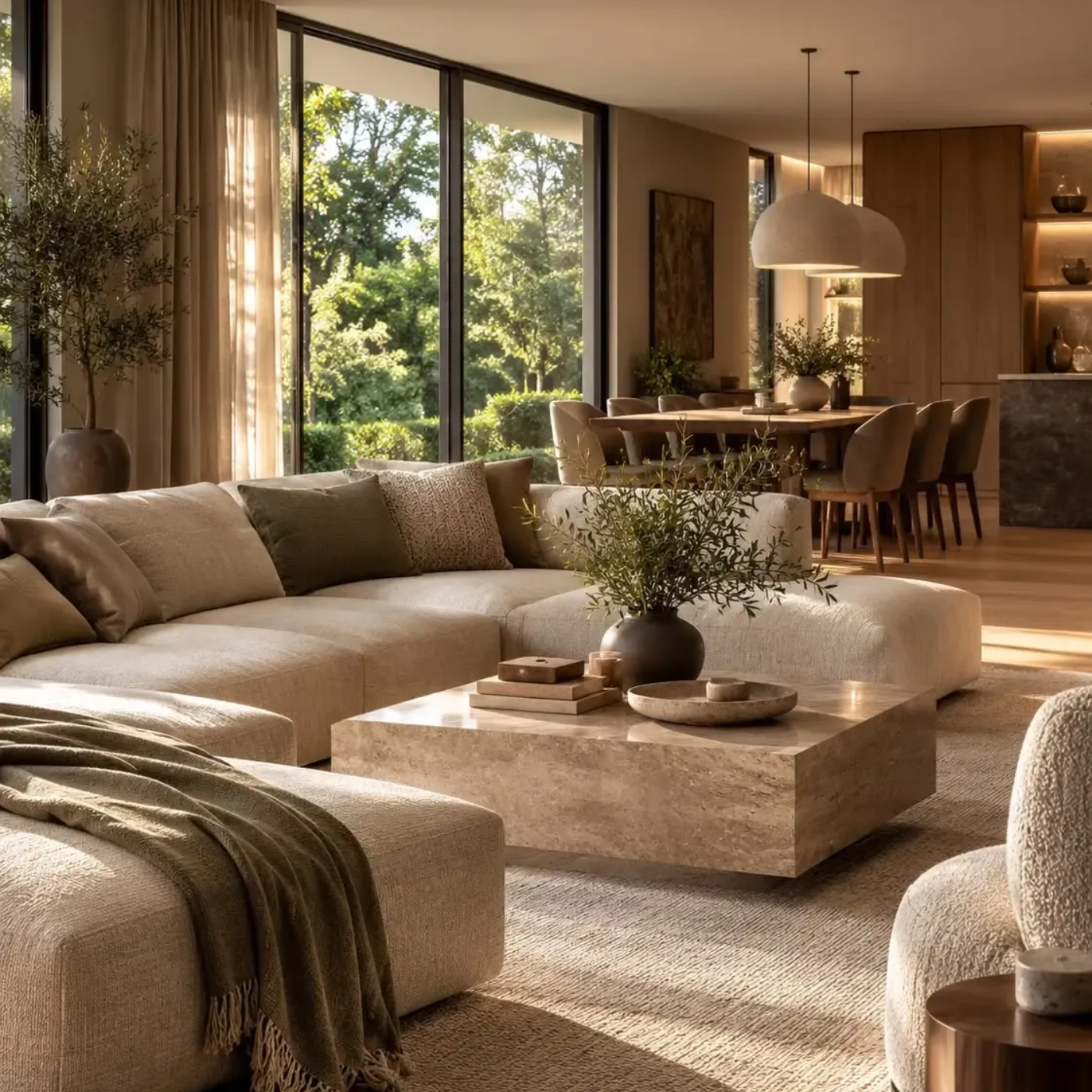 Wohn und Essbereich mit großem Sofa und Naturstein Tisch Individuell gestaltet