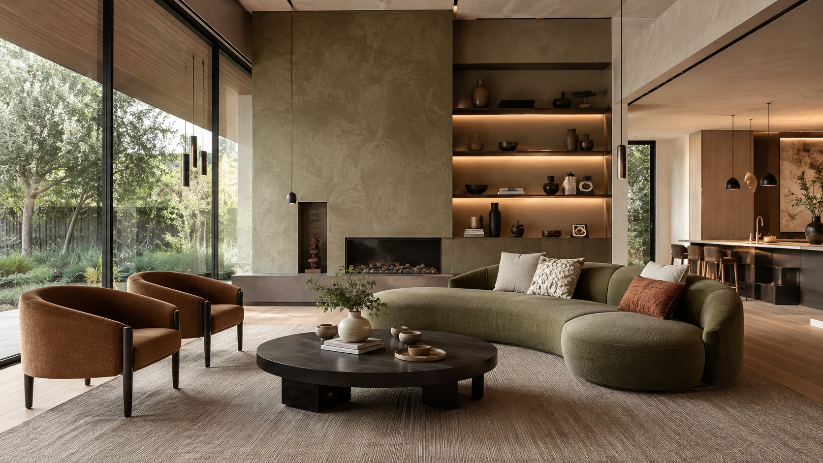 Wohnzimmer mit grüner Kalkspachteltechnik, Parkett und farblich abgestimmten Interior Design mit individuellem Lichtkonzept