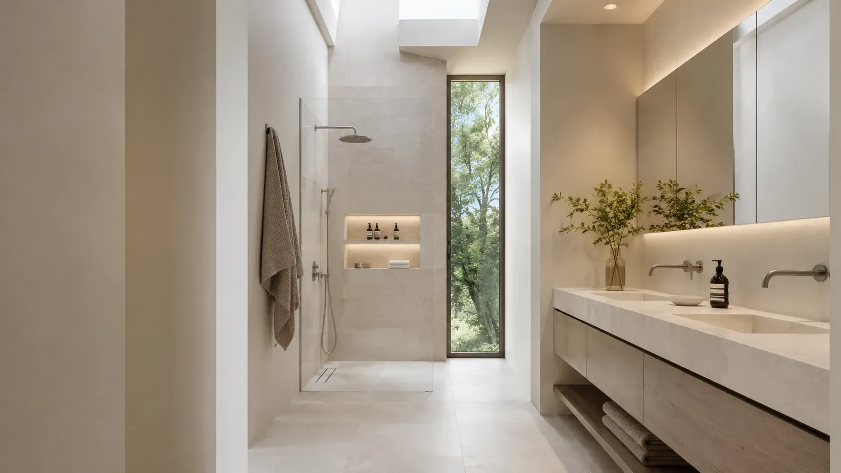 Minimalistisches Badezimmer mit Doppelwaschtisch aus Naturstein, bodengleicher Dusche und zurückhaltendem Lichtkonzept